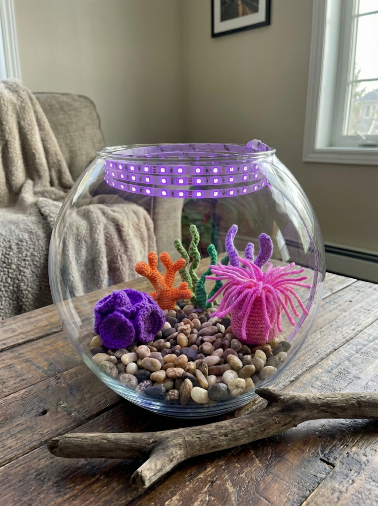 DIY crochet aquarium in a glass fish bowl with handmade amigurumi coral reef decor, colorful crocheted sea plants