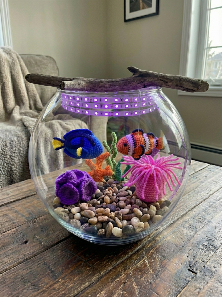 DIY crochet aquarium with hanging amigurumi clownfish and blue tang suspended inside a glass bowl with coral and pebble base