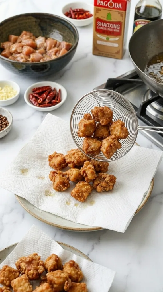Szechuan Chicken with Sichuan Peppers 15 Draining crispy fried chicken after first fry