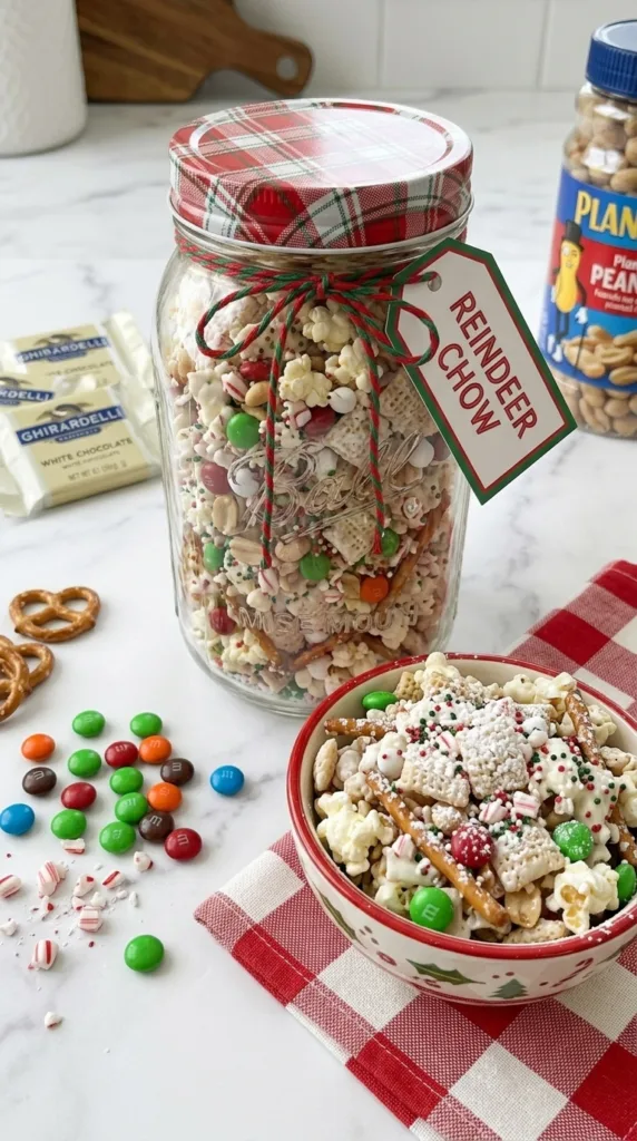 Finished reindeer chow in jar—perfect holiday snack or gift