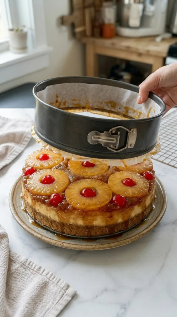 Flipped pineapple upside down cheesecake—perfect topping reveal