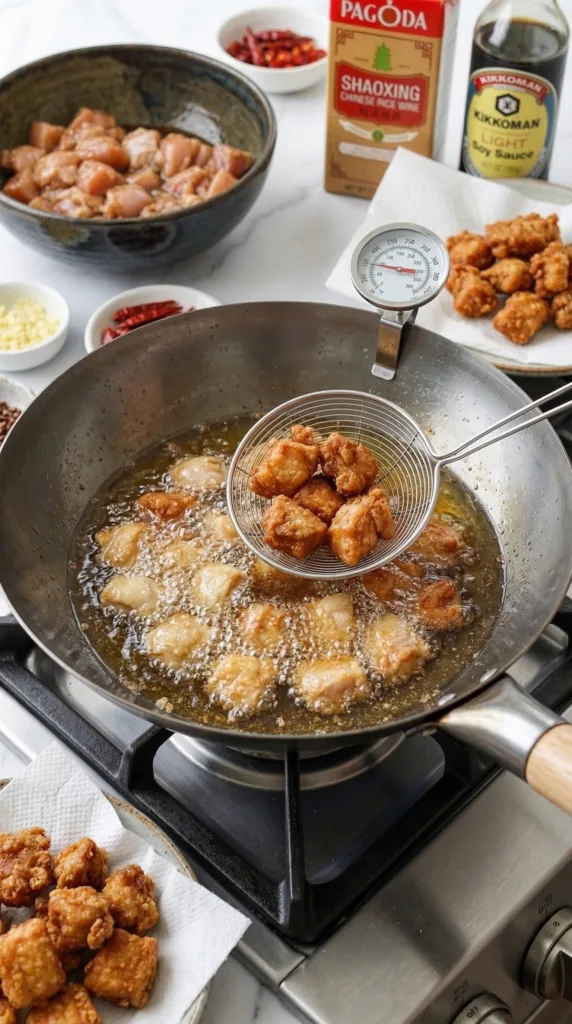 Szechuan Chicken with Sichuan Peppers 14 Frying chicken batches for crispy Szechuan chicken