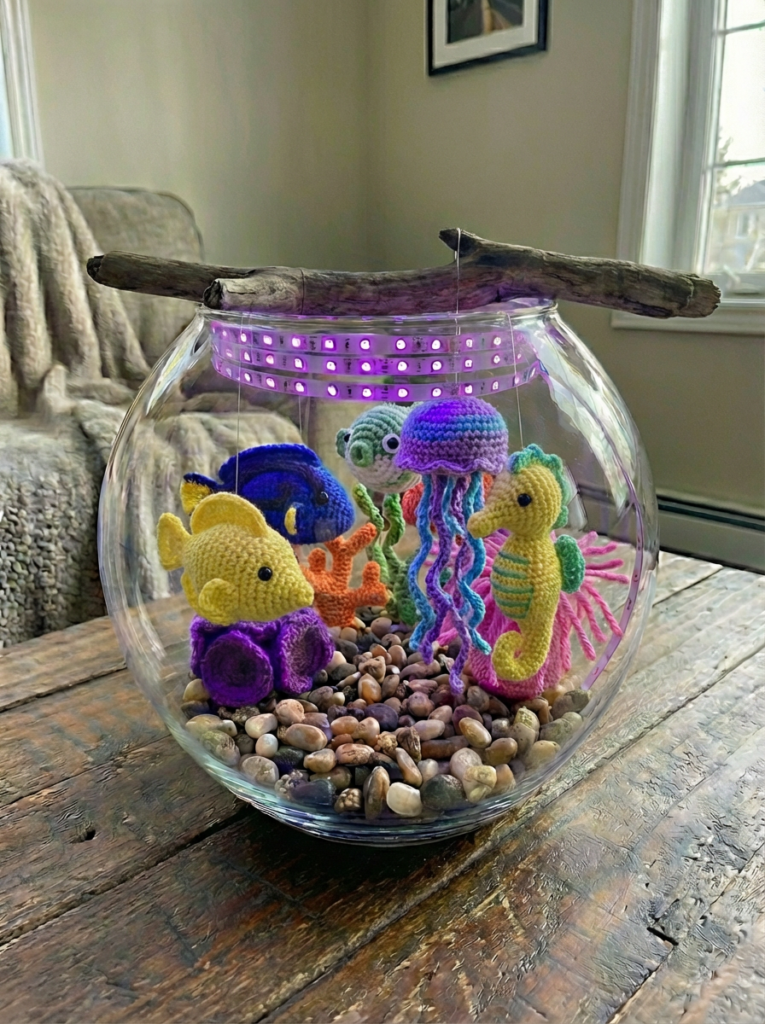 Fully assembled crochet aquarium with amigurumi clownfish, blue tang, yellow fish, green fish, seahorse, and jellyfish inside a glass bowl with pebbles and coral decor.