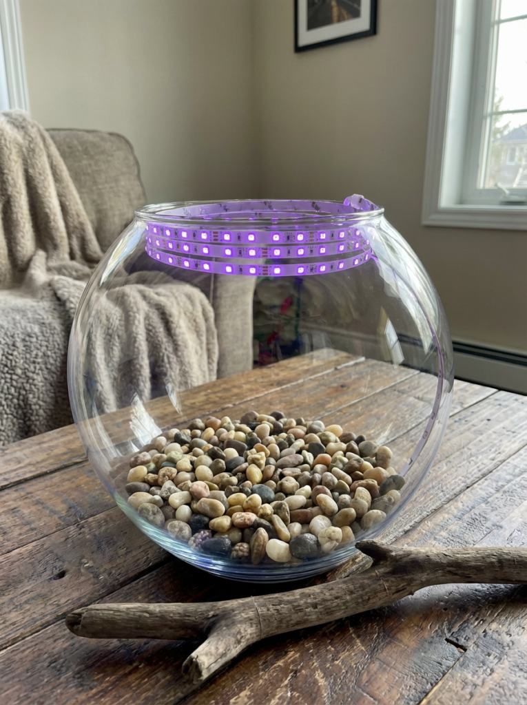 Glass fishbowl on a wooden table, prepared as the base for a DIY crochet aquarium display.