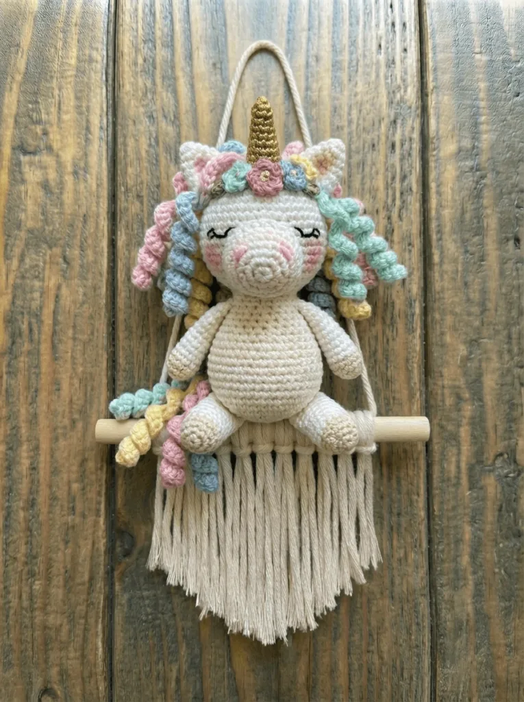Handmade crochet wall hanging unicorn using soft yarn, decorative crochet fiber art for nursery decor