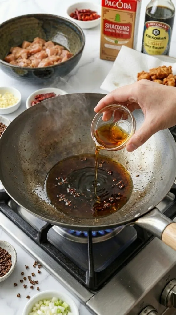 Szechuan Chicken with Sichuan Peppers 16 Heating sesame oil in wok for Szechuan chicken sauce