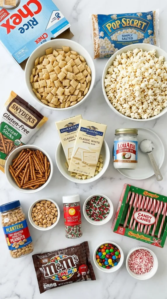 Key ingredients for Reindeer Chow: Christmas Snack Mix