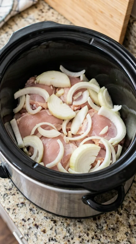 Layering boneless chicken thighs and onion in slow cooker for chicken barbacoa