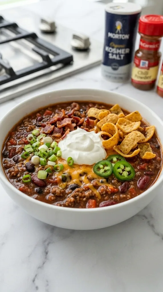 Loaded best chili bowl with toppings—cheddar, bacon, sour cream