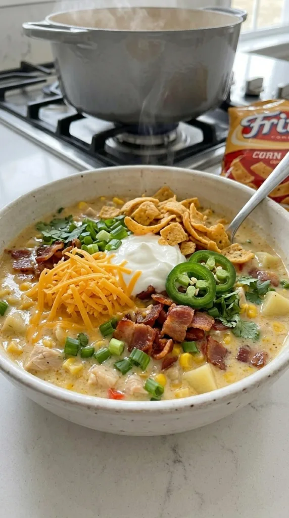 Best Creamy Chicken Corn Chowder 19 Loaded creamy chicken corn chowder bowl with toppings