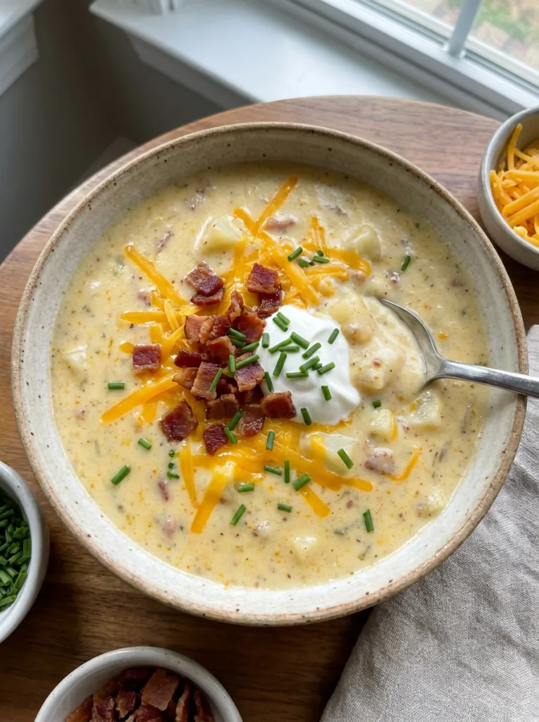 Loaded potato soup bowl topped with cheddar, bacon, and chives