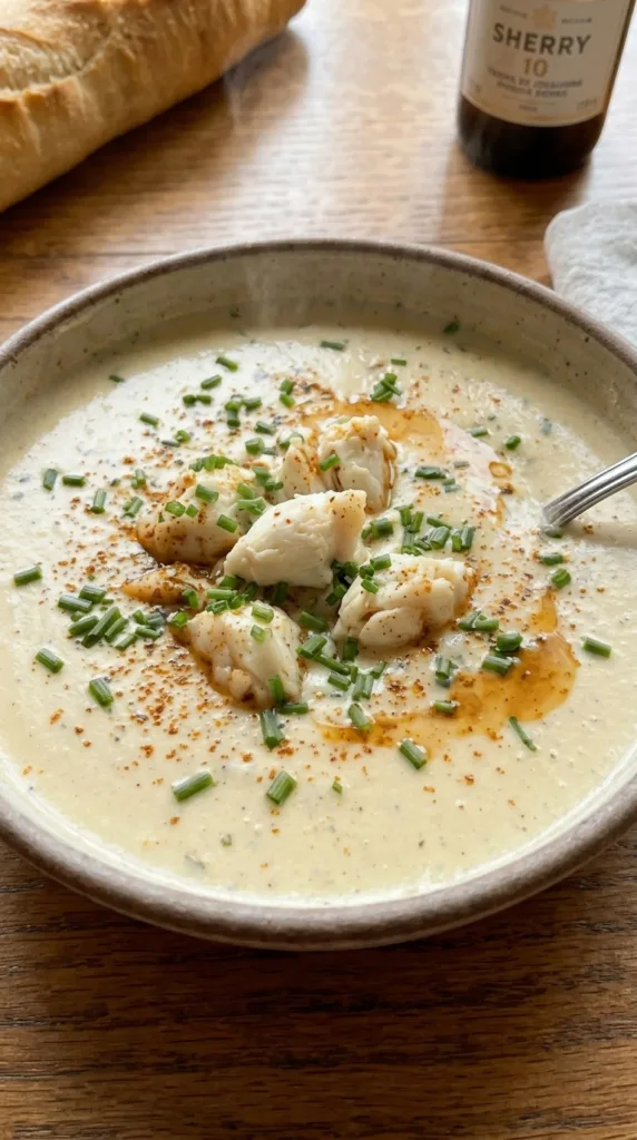 The Best Cream of Crab Soup: Maryland Luxury 17 Luxurious cream of crab soup served in bowl with Old Bay garnish