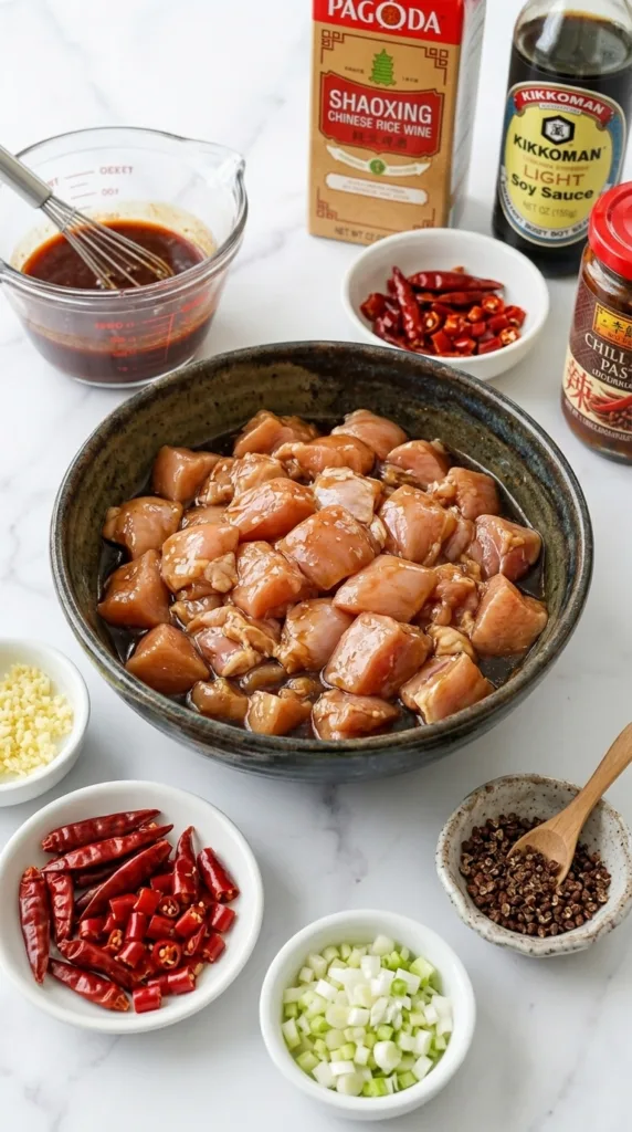 Szechuan Chicken with Sichuan Peppers 13 Marinating bite-size chicken thighs for authentic Szechuan chicken