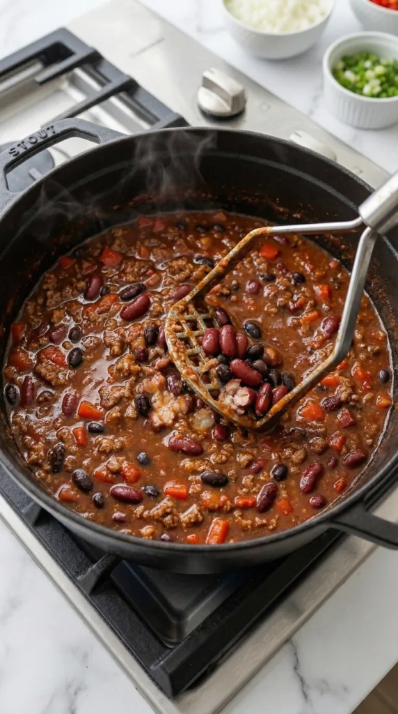 Mashing beans in chili pot for natural thickening