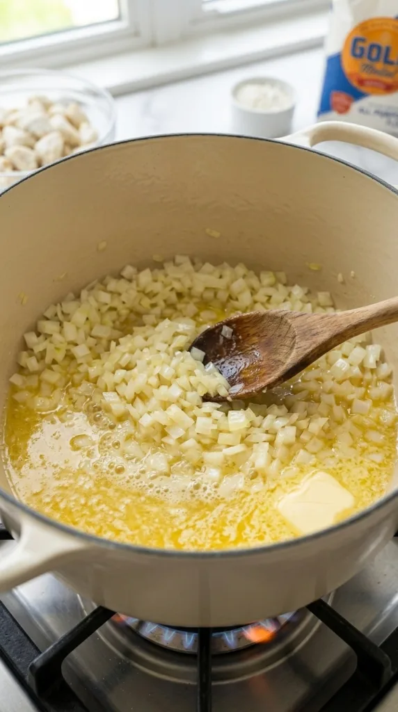 The Best Cream of Crab Soup: Maryland Luxury 12 Melting butter and softening onion for cream of crab soup base