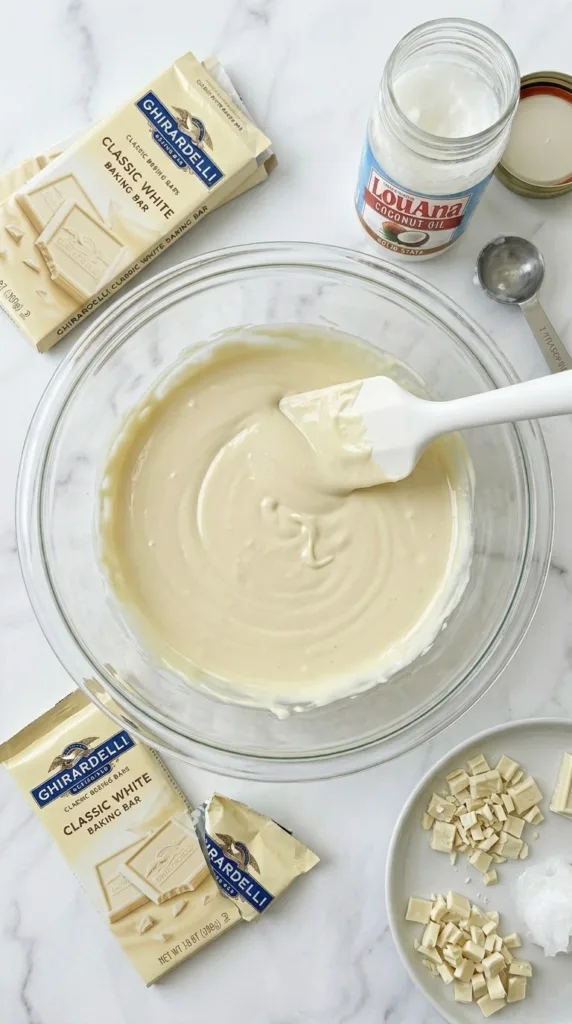 Melting white chocolate with coconut oil for reindeer chow coating