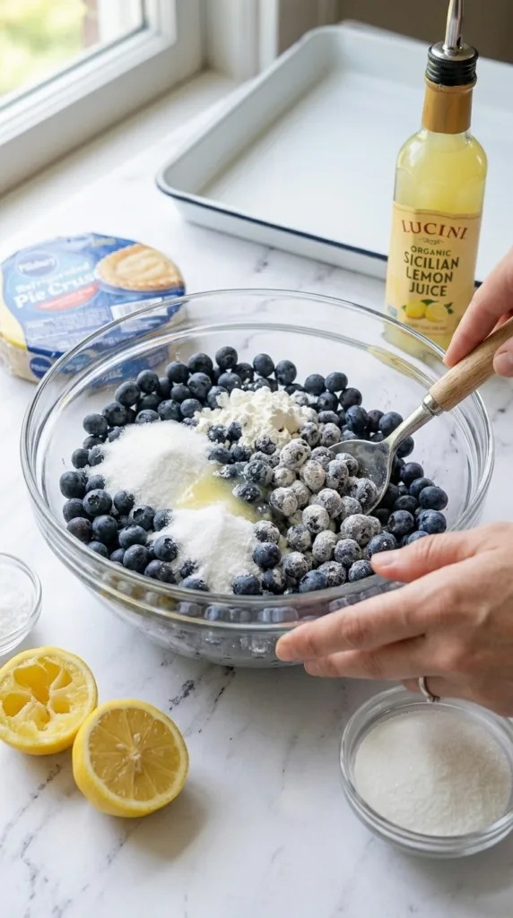 Mixing blueberry pie filling with cornstarch for thick jammy texture