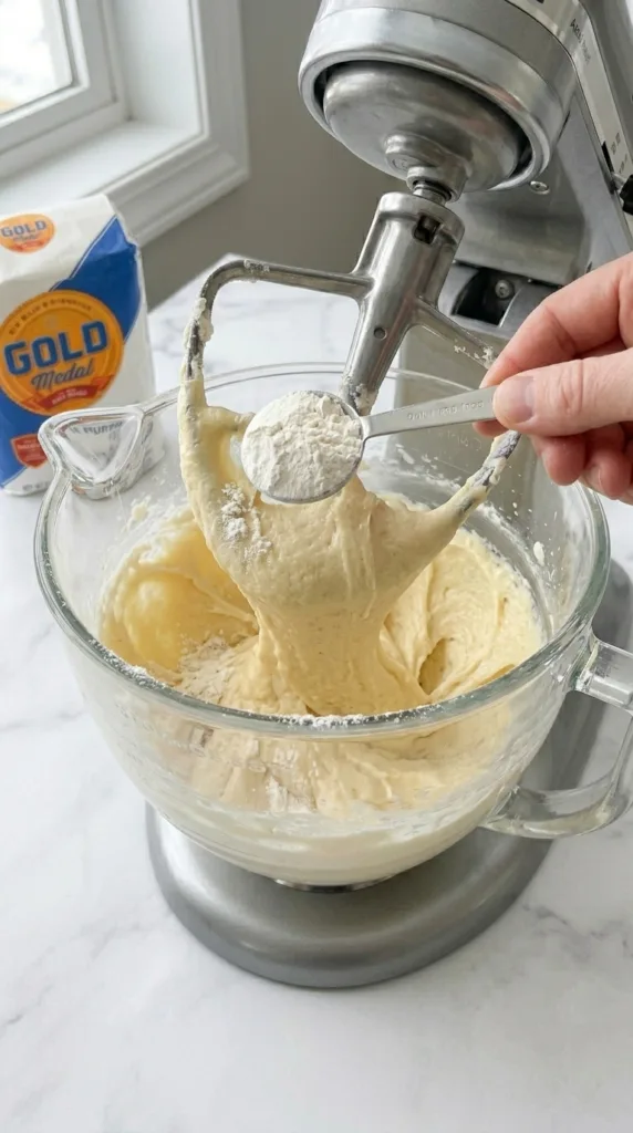 Mixing flour into butter cookie dough for smooth texture