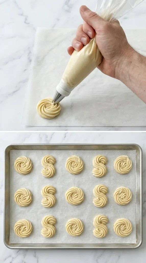 Piped Danish-style butter cookies ready for oven