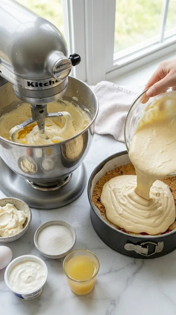 Pouring silky cheesecake filling over graham layer