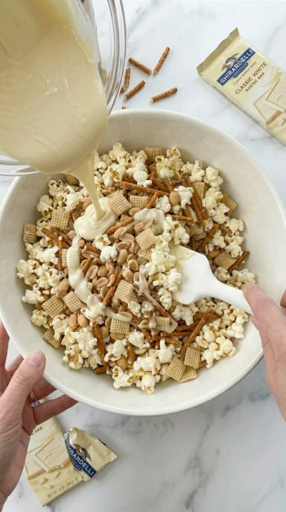 Pouring white chocolate over reindeer chow mix