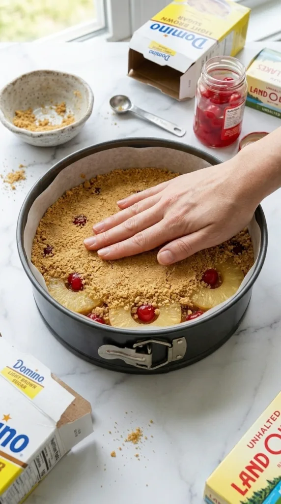 Pressing graham cracker layer over pineapple topping
