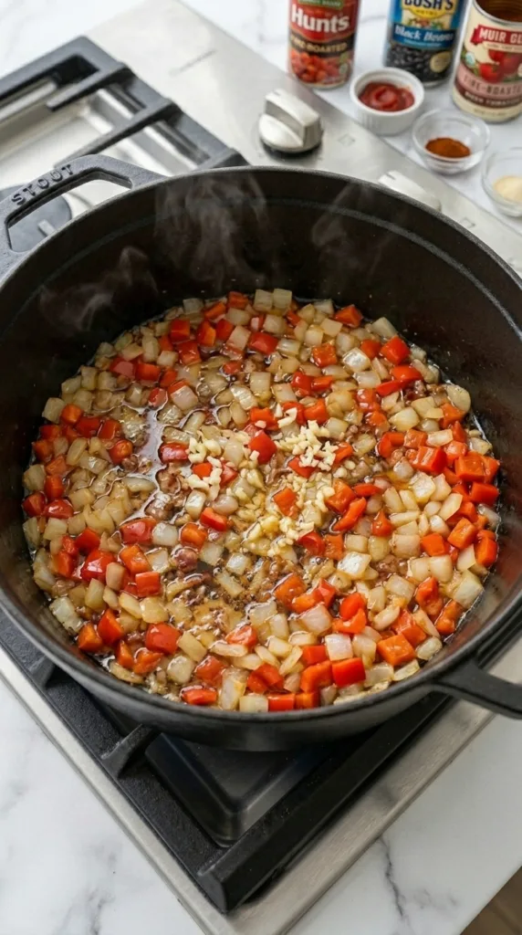 Sautéing onion and bell pepper in bacon fat for chili flavor base