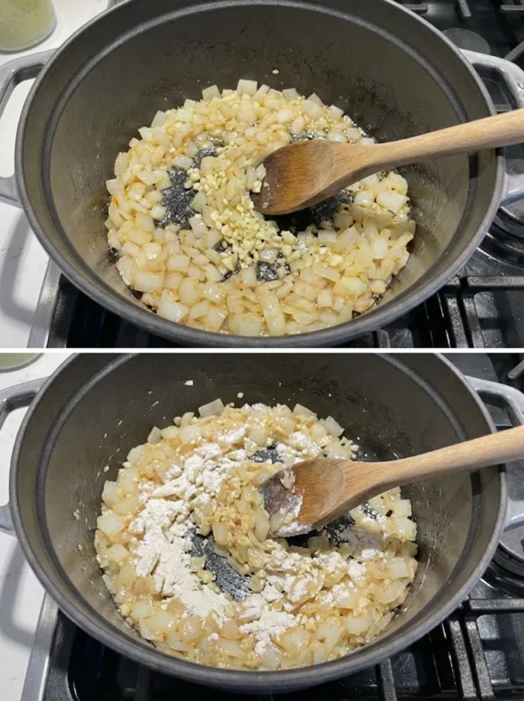 Sautéing onion and garlic in bacon fat for potato soup