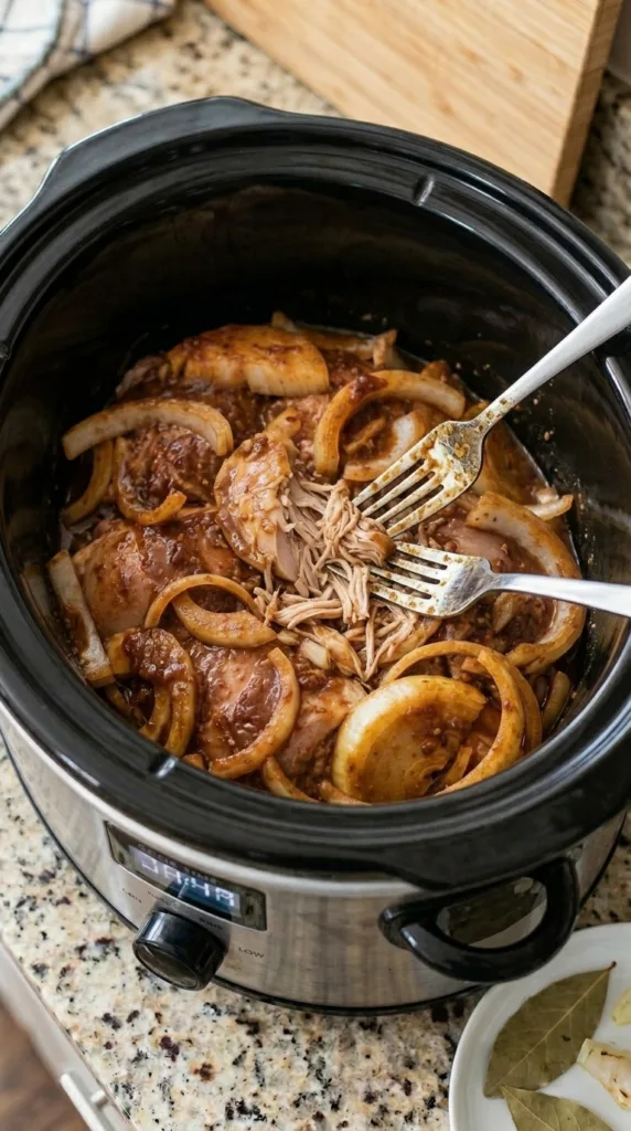 Shredding juicy chicken barbacoa in sauce with forks