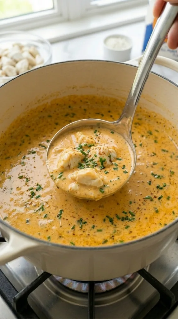 The Best Cream of Crab Soup: Maryland Luxury 18 Silky Maryland cream of crab soup in pot, ready to serve