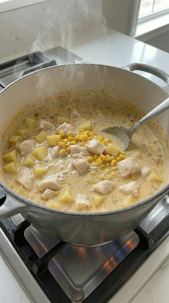 Best Creamy Chicken Corn Chowder 17 Simmering chicken corn chowder until potatoes and chicken are tender