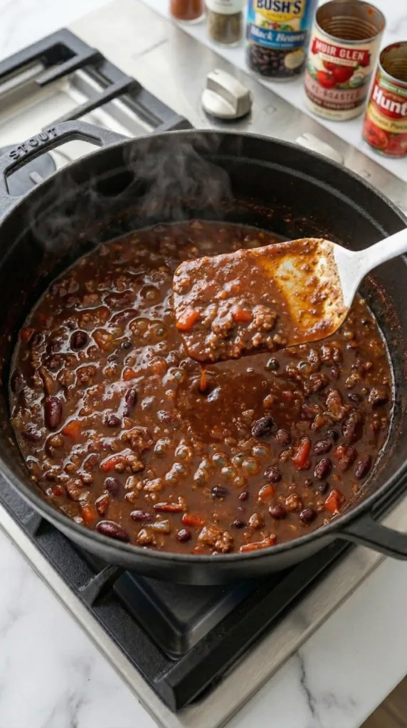 Simmering loaded chili uncovered for thickness
