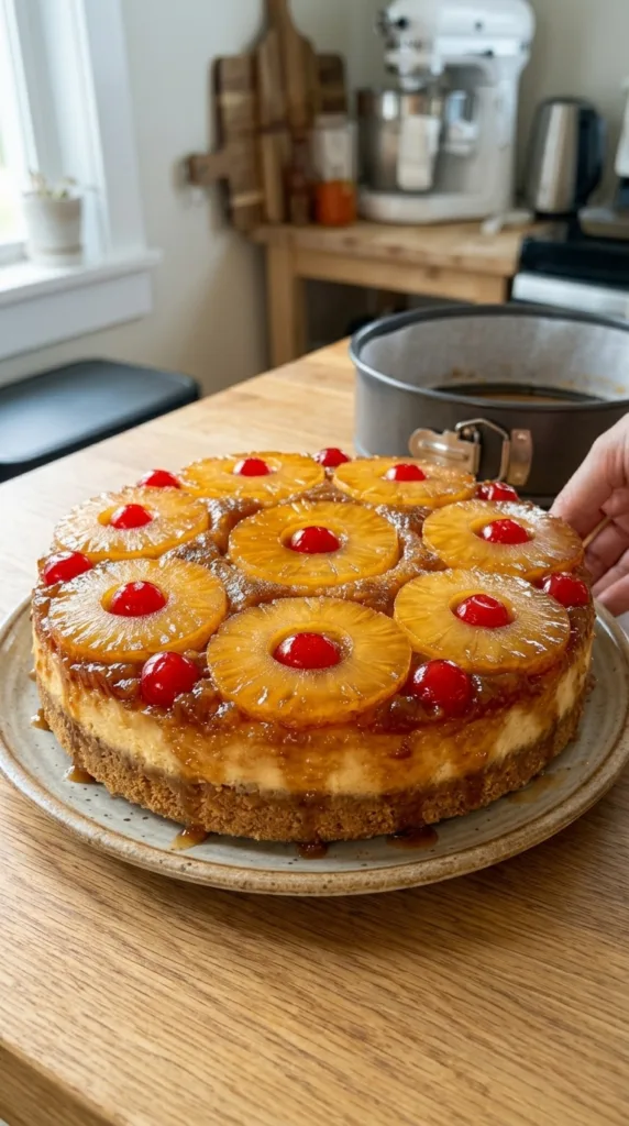 Sliced pineapple upside down cheesecake—creamy, tangy, showstopping