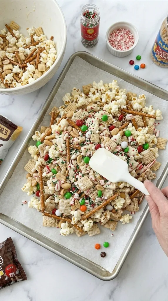Spreading reindeer chow on baking sheet before chilling