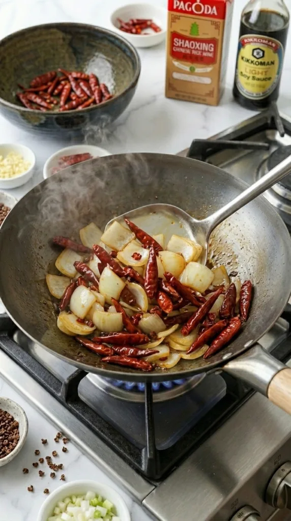 Szechuan Chicken with Sichuan Peppers 17 Stir-frying dried chilis and onion for mala heat in Szechuan chicken