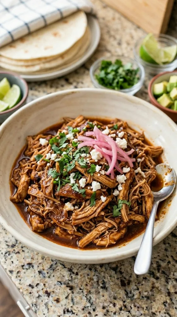 Tender, smoky shredded chicken barbacoa fresh from slow cooker