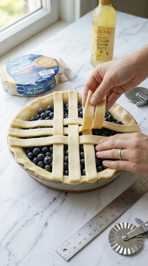 Weaving lattice strips over blueberry filling