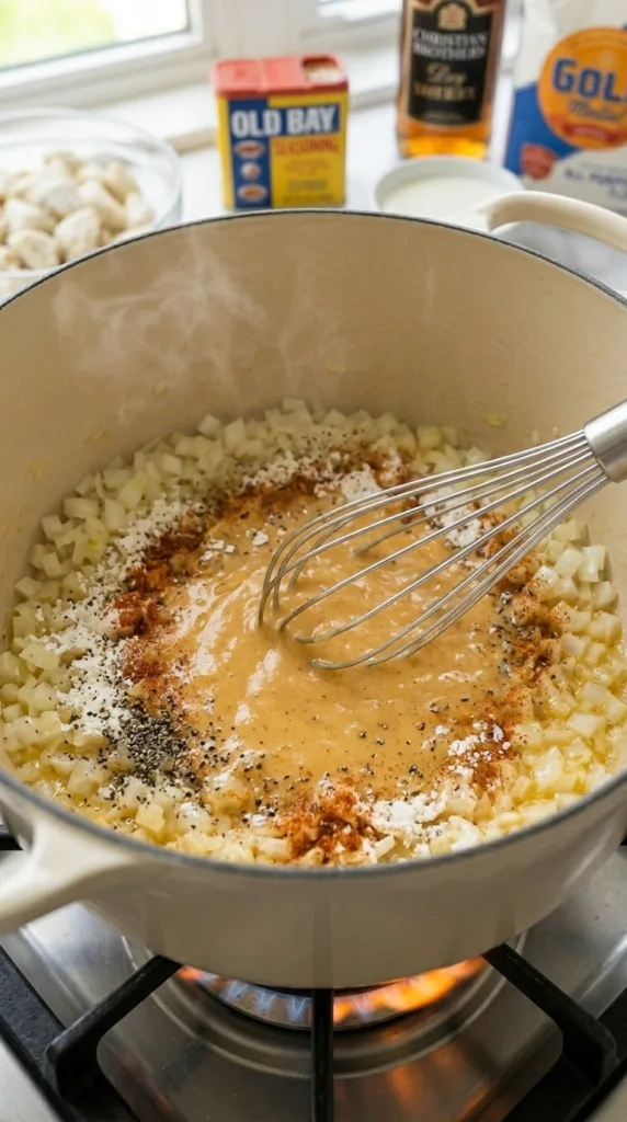 The Best Cream of Crab Soup: Maryland Luxury 13 Whisking roux with Old Bay for silky cream of crab soup texture