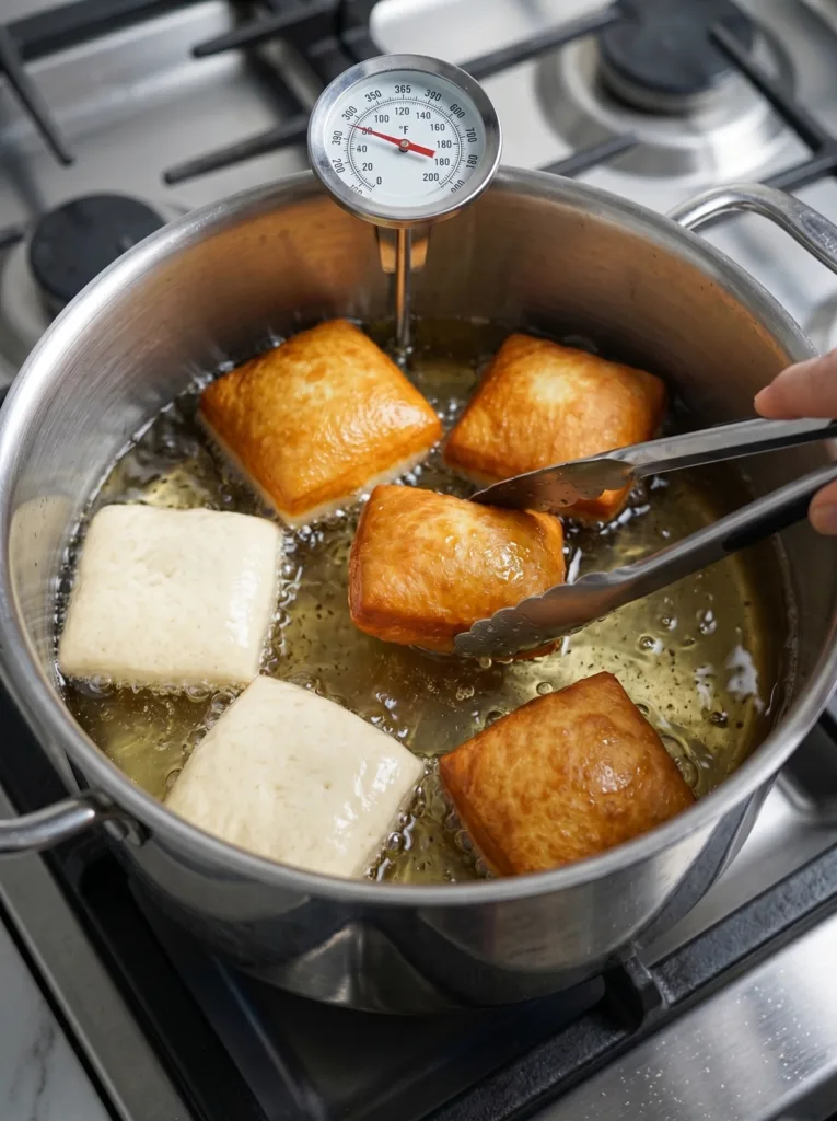 Beignets puffing up in hot oil during frying — homemade beignets recipe