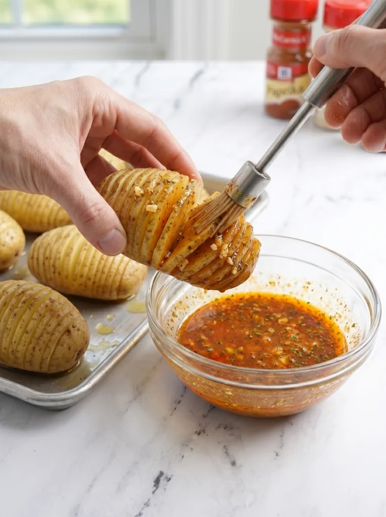 Creamy Cajun Chicken with Amazing Air Fryer Potatoes 13 Brushing seasoned butter mixture between hasselback potato layers for air fryer crispy potatoes