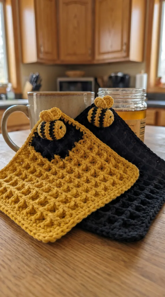 Bumblebee motif on textured crochet dishcloth – kitchen gift idea