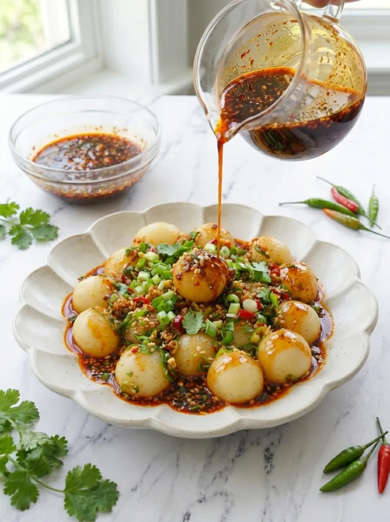 Chewy potato balls with spicy garlic sauce, showing QQ texture
