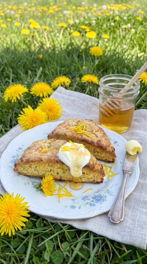 Close-up of dandelion scone with butter