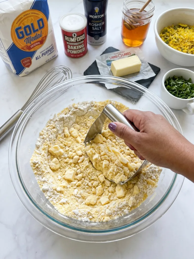 Cutting cold butter into flour mixture for tender dandelion scones