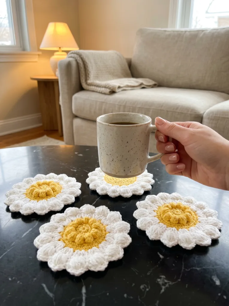 Daisy shaped crochet coaster set – practical home gift idea