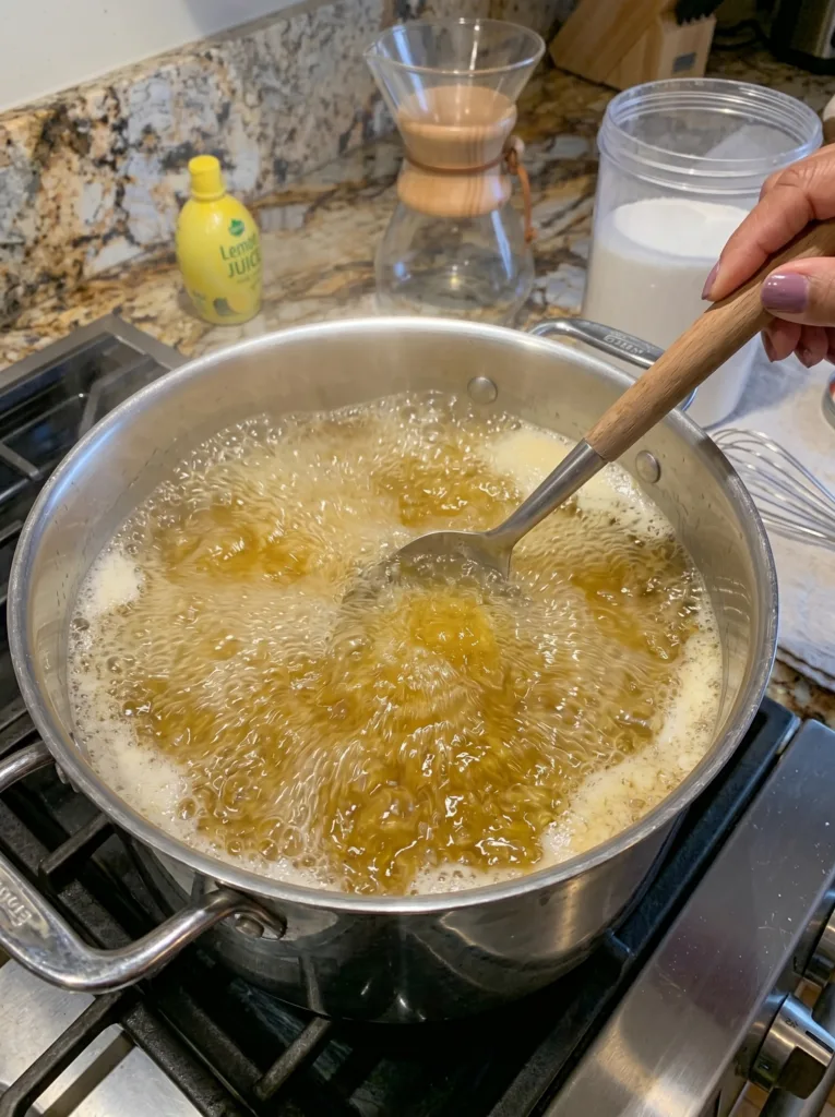 Dandelion jelly at full rolling boil with sugar — making homemade dandelion jelly
