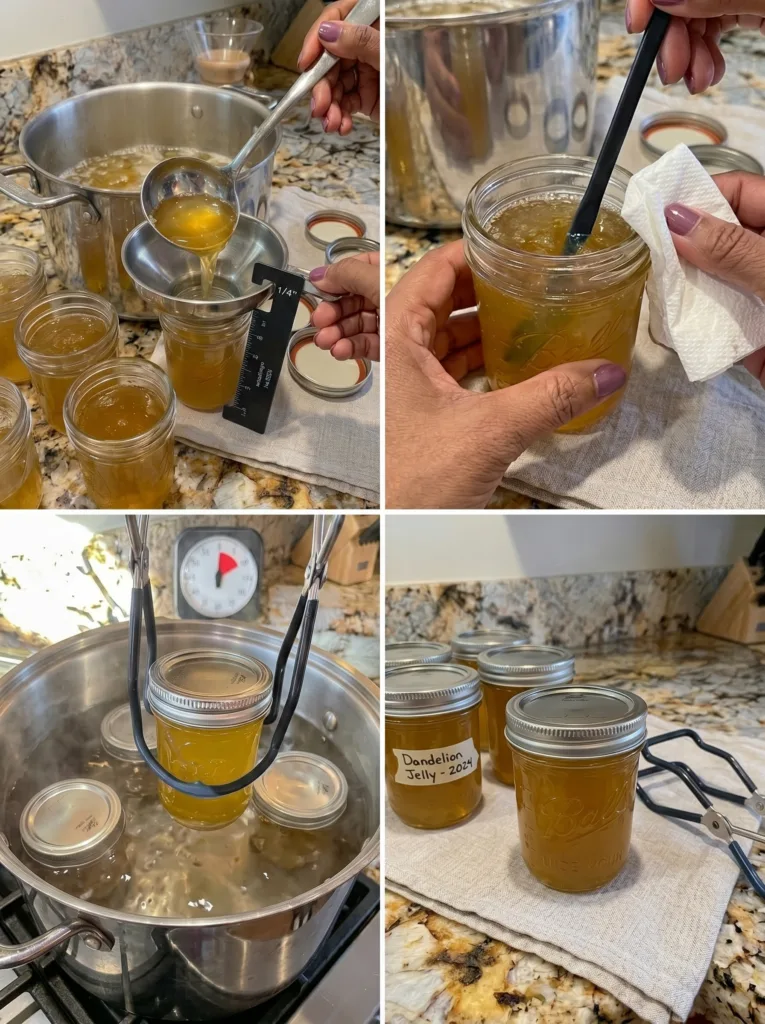 Dandelion jelly preserved in sterilized jars using water bath canning method, sealed for long-term shelf storage