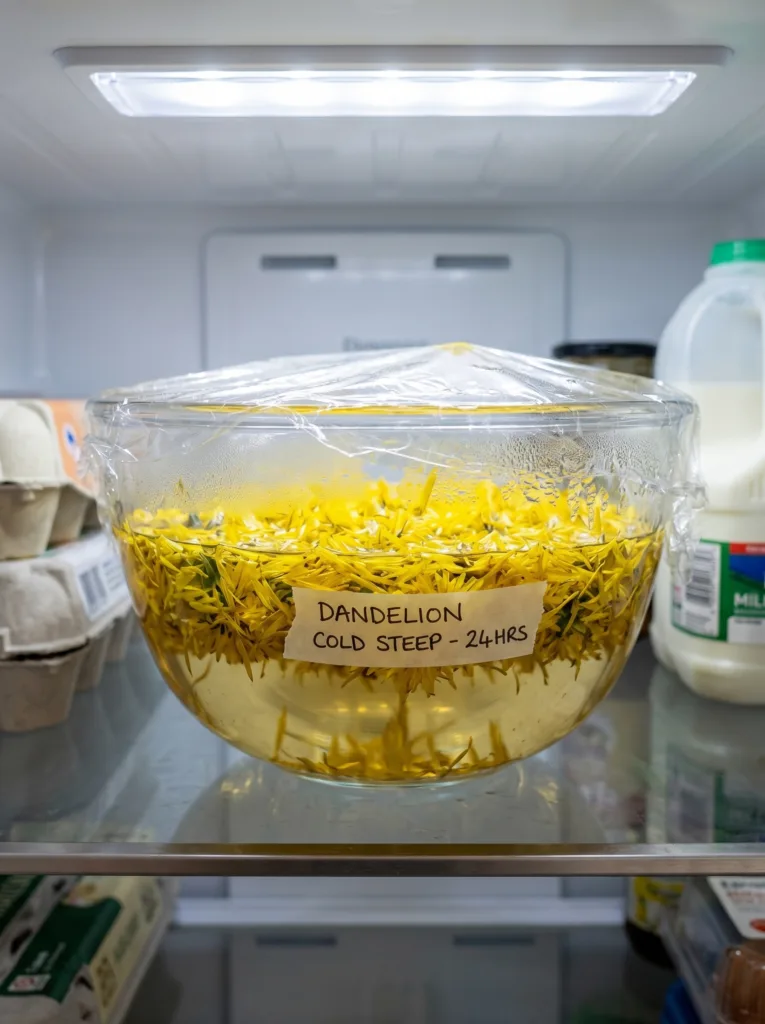 Dandelion petals steeping in hot water in a jar in refrigerator for 24 hours to develop deeper flavor for jelly