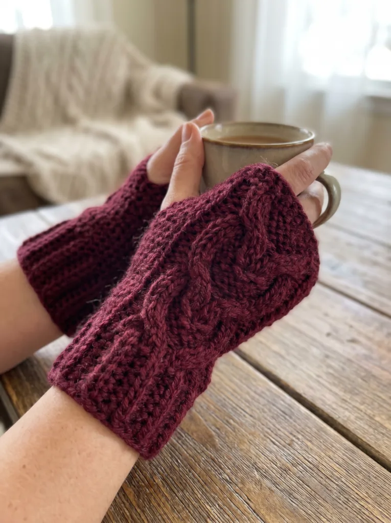 Deep burgundy heart cable crochet wrist warmers