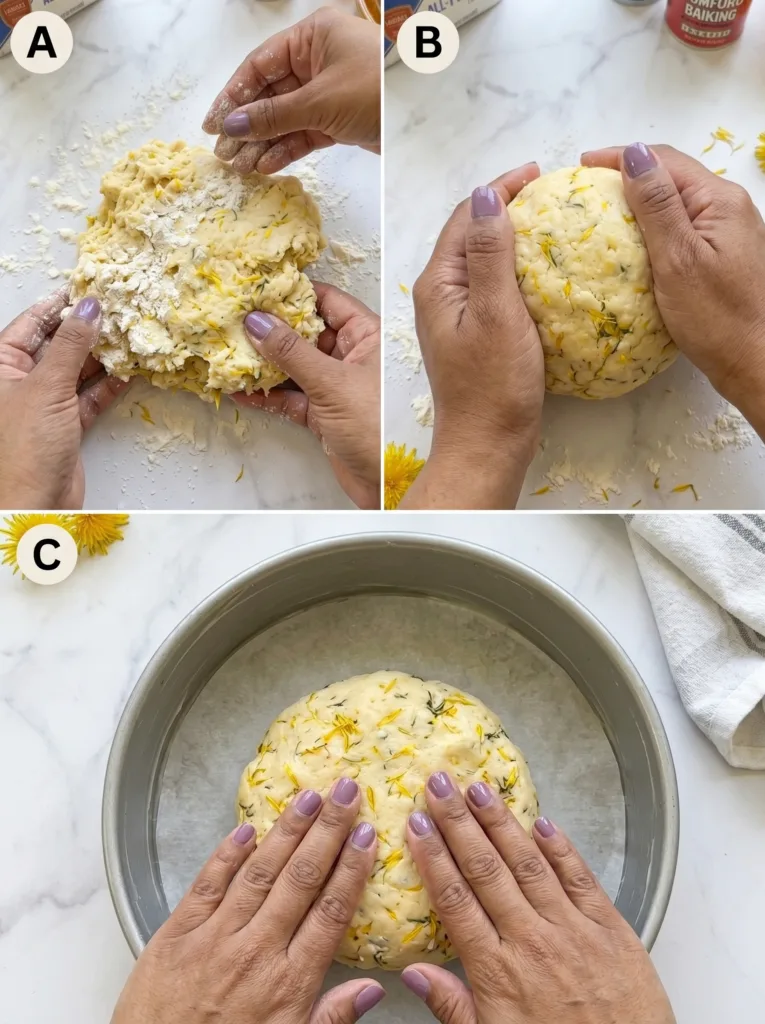 Dough being lightly kneaded on floured surface and shaped into a soft smooth ball
